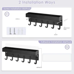 Key Holder Wall Mount, Compact Adhesive Key Rack with Tray, 6 Hooks, 2 Mount Options, Black