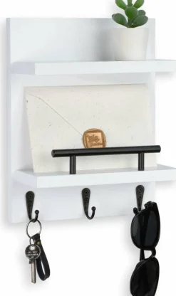Key Holder Wall Mount, Mail Shelf Decor with 3 Key Hooks, Versatile Wood Wall Organizer for Entryway Hallway (8.2” x 10.6”x 3.6”) (White)