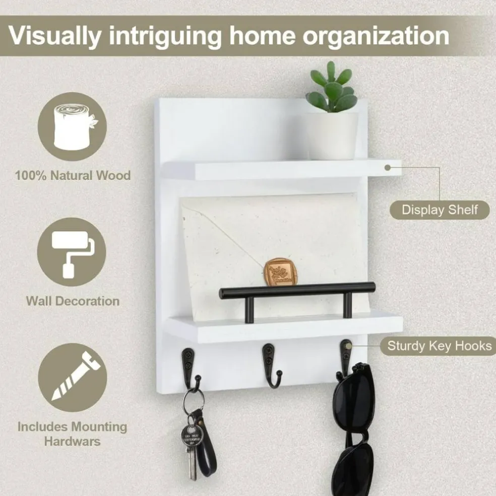 Key Holder Wall Mount, Mail Shelf Decor with 3 Key Hooks, Versatile Wood Wall Organizer for Entryway Hallway (8.2” x 10.6”x 3.6”) (White)