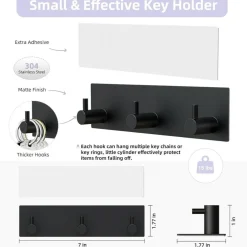Key Holder Wall Mount, Small Metal Self Adhesive Key Hanger with 3 Hooks, Extra Adhesive Strip, Black