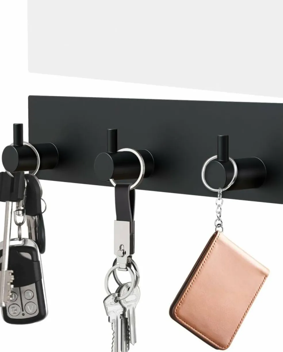 Key Holder Wall Mount, Small Metal Self Adhesive Key Hanger with 3 Hooks, Extra Adhesive Strip, Black