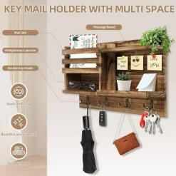 Key Holder Wall Mount, Solid Wood Key and Mail Organizer for Wall(Self Adhesive or Drill), 8 Hooks Key Rack for Entryway Hallway Bedroom Farmhouse Home Decor (Burnt Brown)