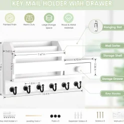 Key Holder Wall Mount with Drawer and Shelf, Wooden Mail and Key Organizer with 2 Mail Slots, 6 Hooks, Farmhouse Entryway Wall Storage Rack for Keys, Mail, Wallets, Glasses and Home Decor, White