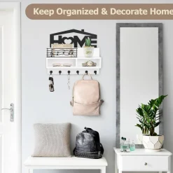 Key Holder Wall Mount with Storage Basket and Shelf, Decorative Wooden Mail and Key Organizer with 2 Compartments, 6 Hooks, Farmhouse Entryway Wall Storage Rack for Keys, Mail, Wallets and Home Decor, White
