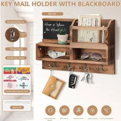 Key Holder Wall Mount, Wooden Mail and Key Organizer with Chalkboard and Mirror, 3 Greeting Cards, 8 Hooks, Brown, Type 1
