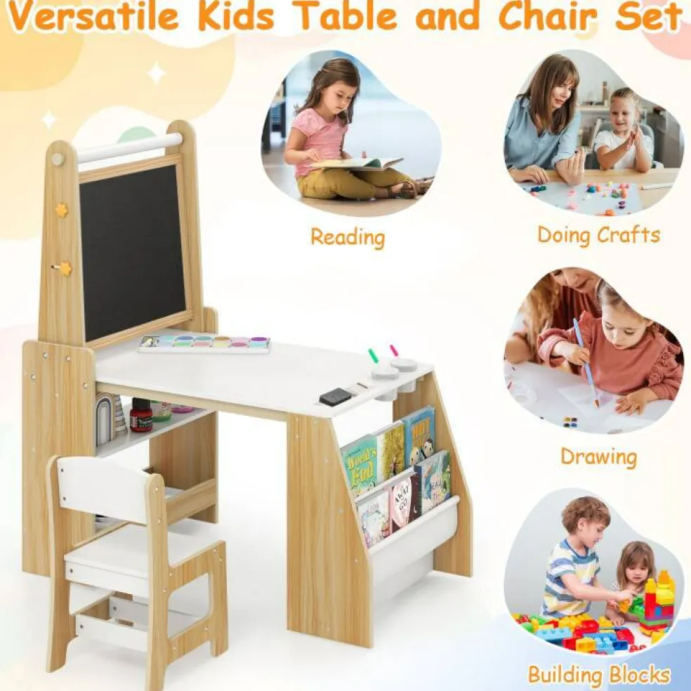 Kids Art Table and Chair Set with Whiteboard Chalkboard Easel Storage and Paper Roll for Drawing