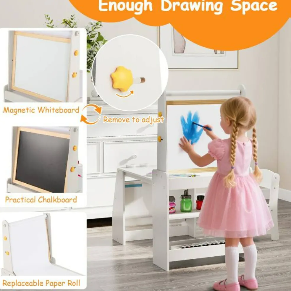 Kids Art Table and Chair Set with Whiteboard Chalkboard Easel Storage and Paper Roll for Drawing