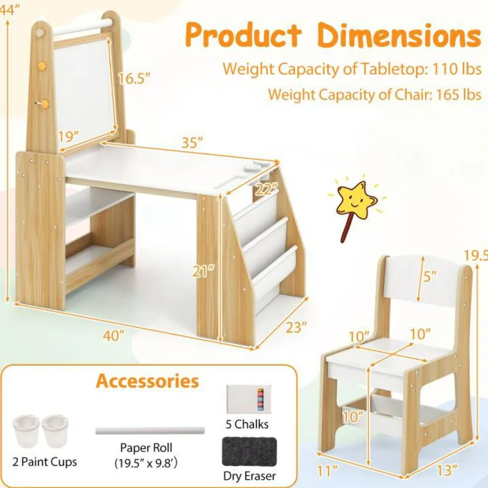 Kids Art Table and Chair Set with Whiteboard Chalkboard Easel Storage and Paper Roll for Drawing