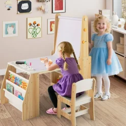 Kids Art Table and Chair Set with Whiteboard Chalkboard Easel Storage and Paper Roll for Drawing