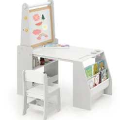 Kids Art Table and Chair Set with Whiteboard Chalkboard Easel Storage and Paper Roll for Drawing