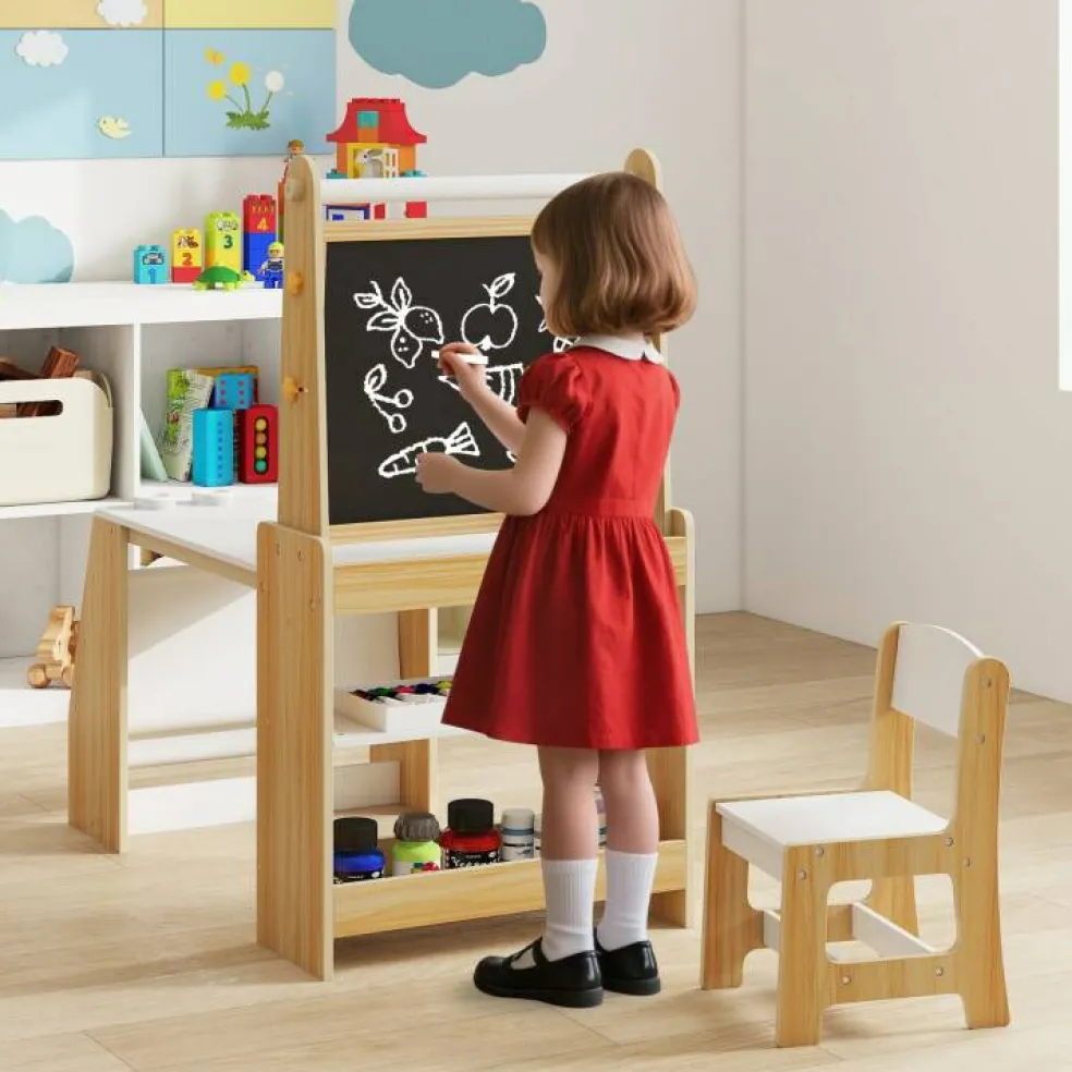 Kids Art Table and Chair Set with Whiteboard Chalkboard Easel Storage and Paper Roll for Drawing