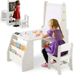 Kids Art Table and Chair Set with Whiteboard Chalkboard Easel Storage and Paper Roll for Drawing