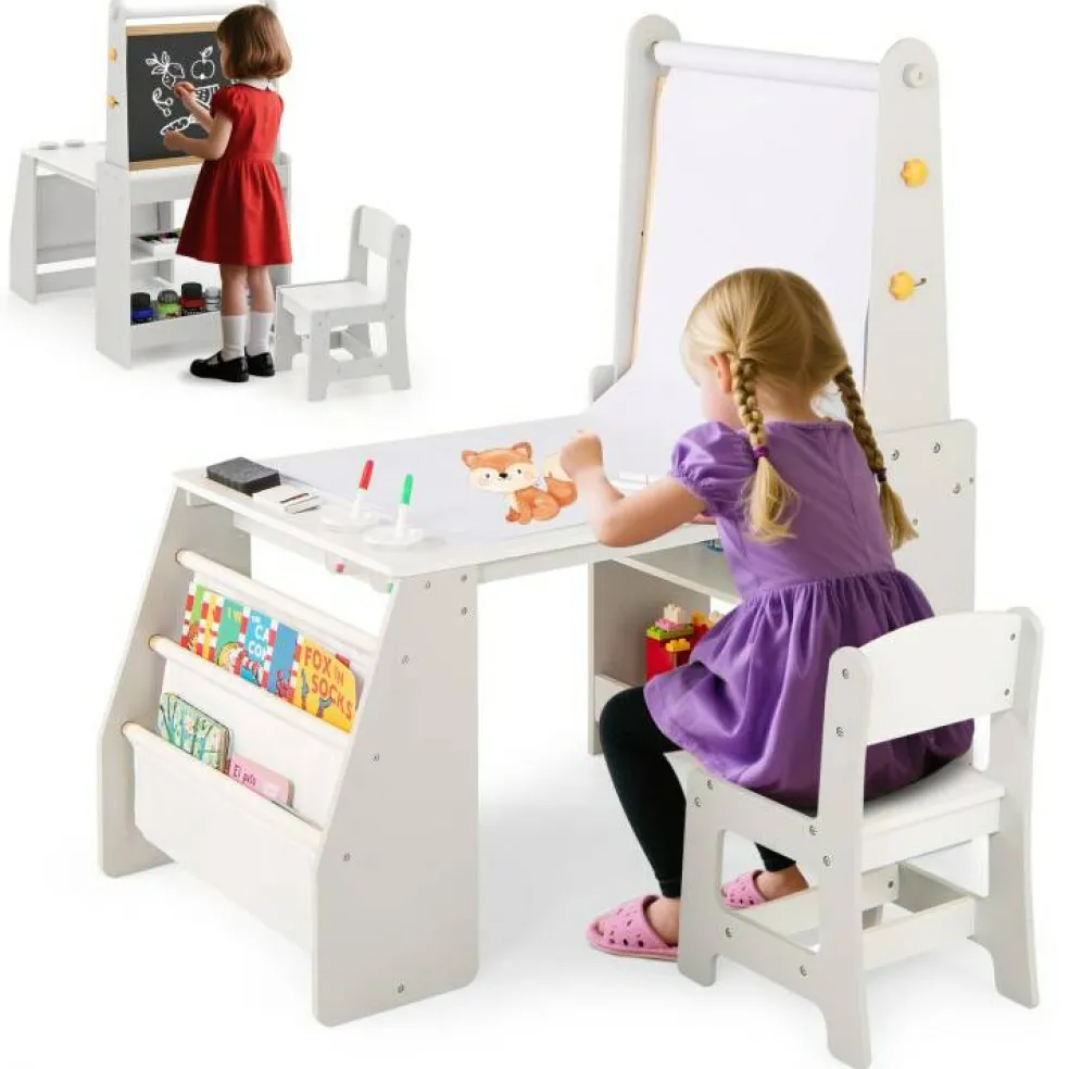 Kids Art Table and Chair Set with Whiteboard Chalkboard Easel Storage and Paper Roll for Drawing