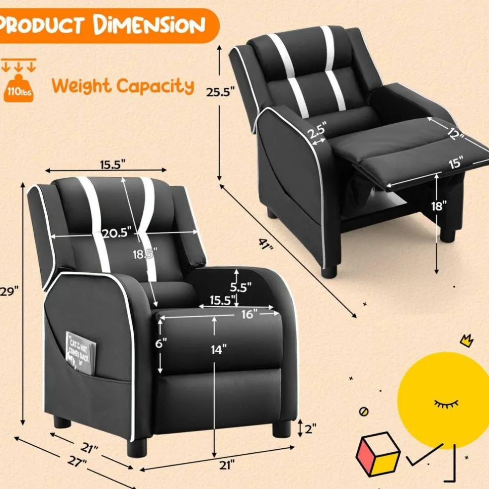 Kids Recliner Chair with Side Pockets and Footrest