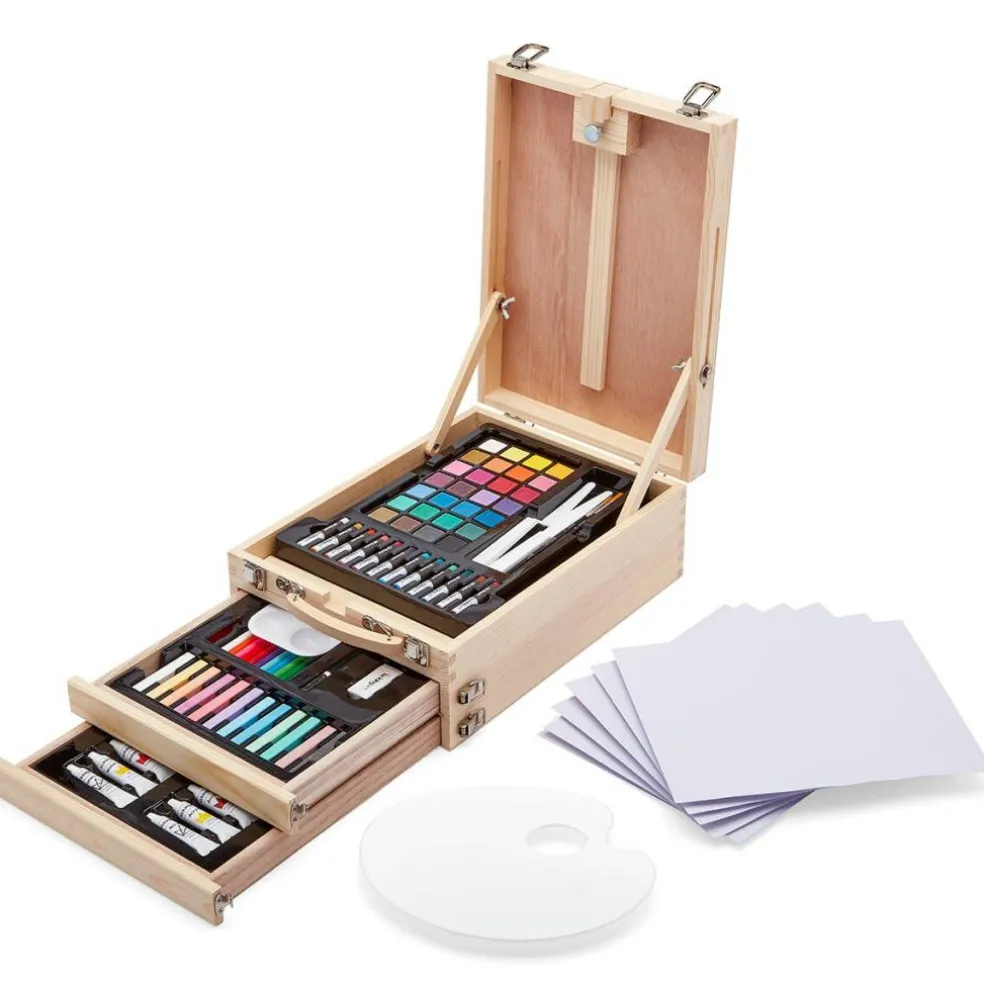 KINGART® Mixed Media Art Set, Table-Top Sketchbox Easel, 105 Pcs.