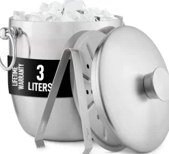 Kitchen Premium Stainless Steel Double-Wall Insulated Ice Bucket Kit (Silver) 8.7"L x 8.7"W x 9"H