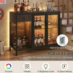 Kitchen Storage Buffet Cabinet with RGB LED Lights and Power Outlet Station 34 Inch Sideboard with Drawer and Shelves Coffee Bar Cabinet for Dining and Living Room