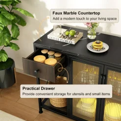 Kitchen Storage Buffet Cabinet with RGB LED Lights and Power Outlet Station 34 Inch Sideboard with Drawer and Shelves Coffee Bar Cabinet for Dining and Living Room
