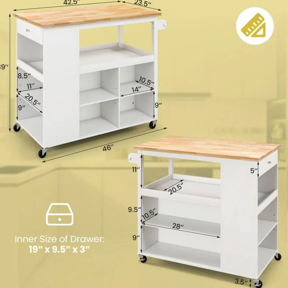 Kitchen Trolley Cart on Wheels with Open Shelves and Drawer