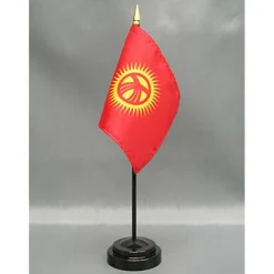 Kyrzstan Desk Flag with Base; American Made Rayon 4x6 inch Miniature Table Set Includes One Small Mini Country Stick Flags and One Black Stand