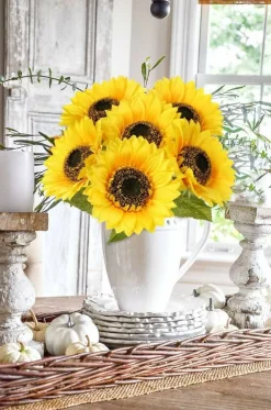 Large Artificial Sunflowers 9 Inch Full Bloom, 33 Inch Tall Silk Sunflower Stems with Leaves, Realistic Faux Flowers for Home Wedding Party Garden Decoration
