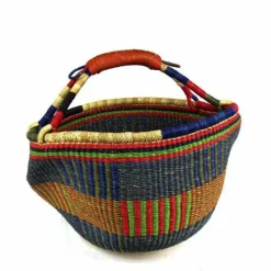 Large Handwoven Market Basket with Leather Handles for Shopping and Storage
