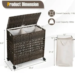 Large Laundry Hamper 110L Rolling Clothes Basket with 2 Compartments, Lid, Removable Liner Bags, Foldable Storage Organizer with Wheels