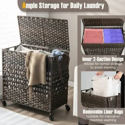 Large Laundry Hamper 110L Rolling Clothes Basket with 2 Compartments, Lid, Removable Liner Bags, Foldable Storage Organizer with Wheels