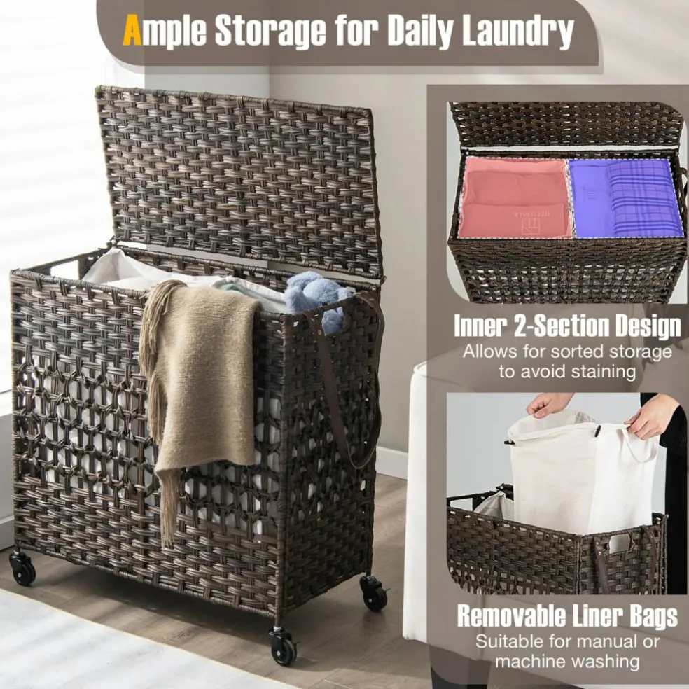 Large Laundry Hamper 110L Rolling Clothes Basket with 2 Compartments, Lid, Removable Liner Bags, Foldable Storage Organizer with Wheels
