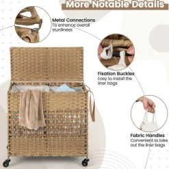 Large Laundry Hamper 110L Rolling Clothes Basket with 2 Compartments, Lid, Removable Liner Bags, Foldable Storage Organizer with Wheels