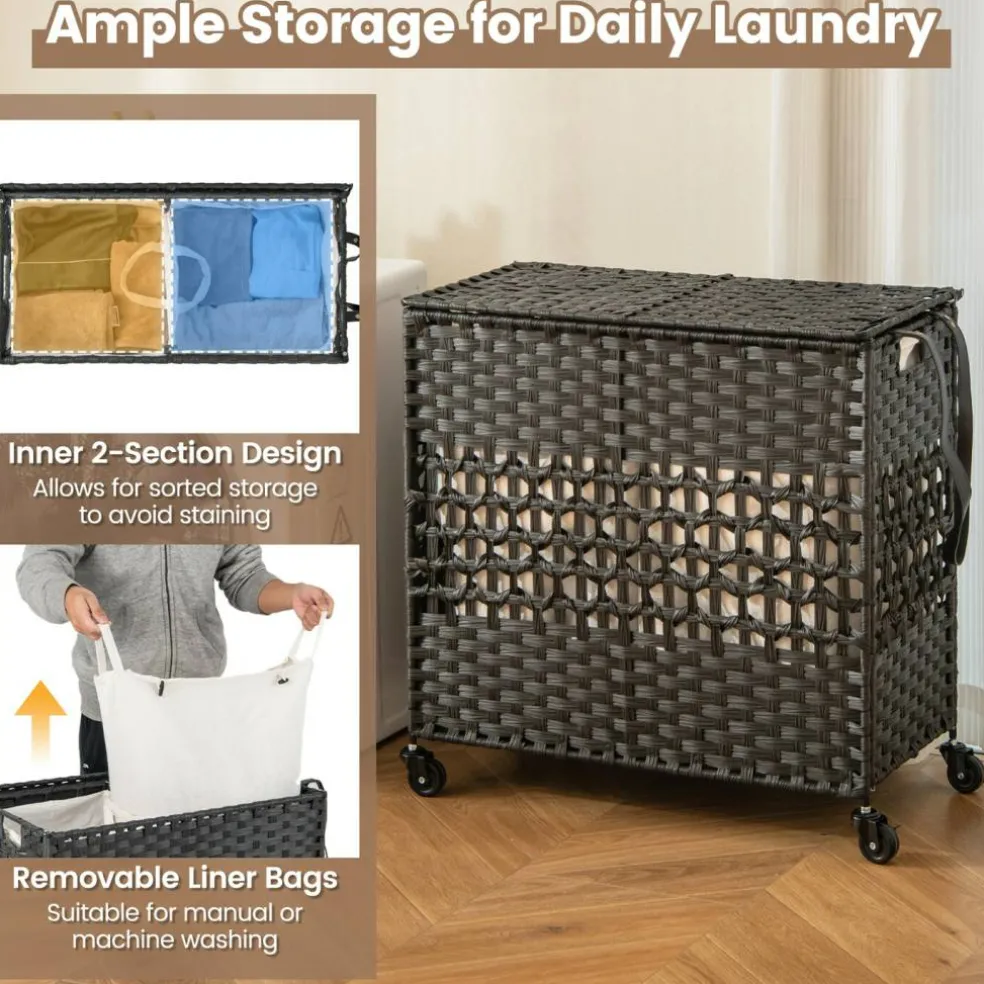 Large Laundry Hamper 110L Rolling Clothes Basket with 2 Compartments, Lid, Removable Liner Bags, Foldable Storage Organizer with Wheels