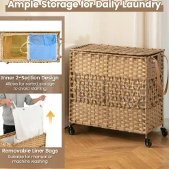 Large Laundry Hamper 110L Rolling Clothes Basket with 2 Compartments, Lid, Removable Liner Bags, Foldable Storage Organizer with Wheels