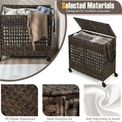 Large Laundry Hamper 110L Rolling Clothes Basket with 2 Compartments, Lid, Removable Liner Bags, Foldable Storage Organizer with Wheels
