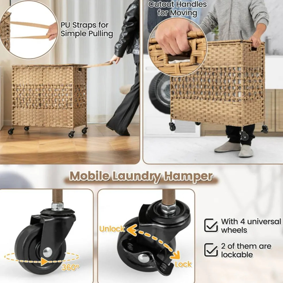 Large Laundry Hamper 110L Rolling Clothes Basket with 2 Compartments, Lid, Removable Liner Bags, Foldable Storage Organizer with Wheels