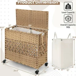 Large Laundry Hamper 110L Rolling Clothes Basket with 2 Compartments, Lid, Removable Liner Bags, Foldable Storage Organizer with Wheels