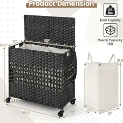 Large Laundry Hamper 110L Rolling Clothes Basket with 2 Compartments, Lid, Removable Liner Bags, Foldable Storage Organizer with Wheels
