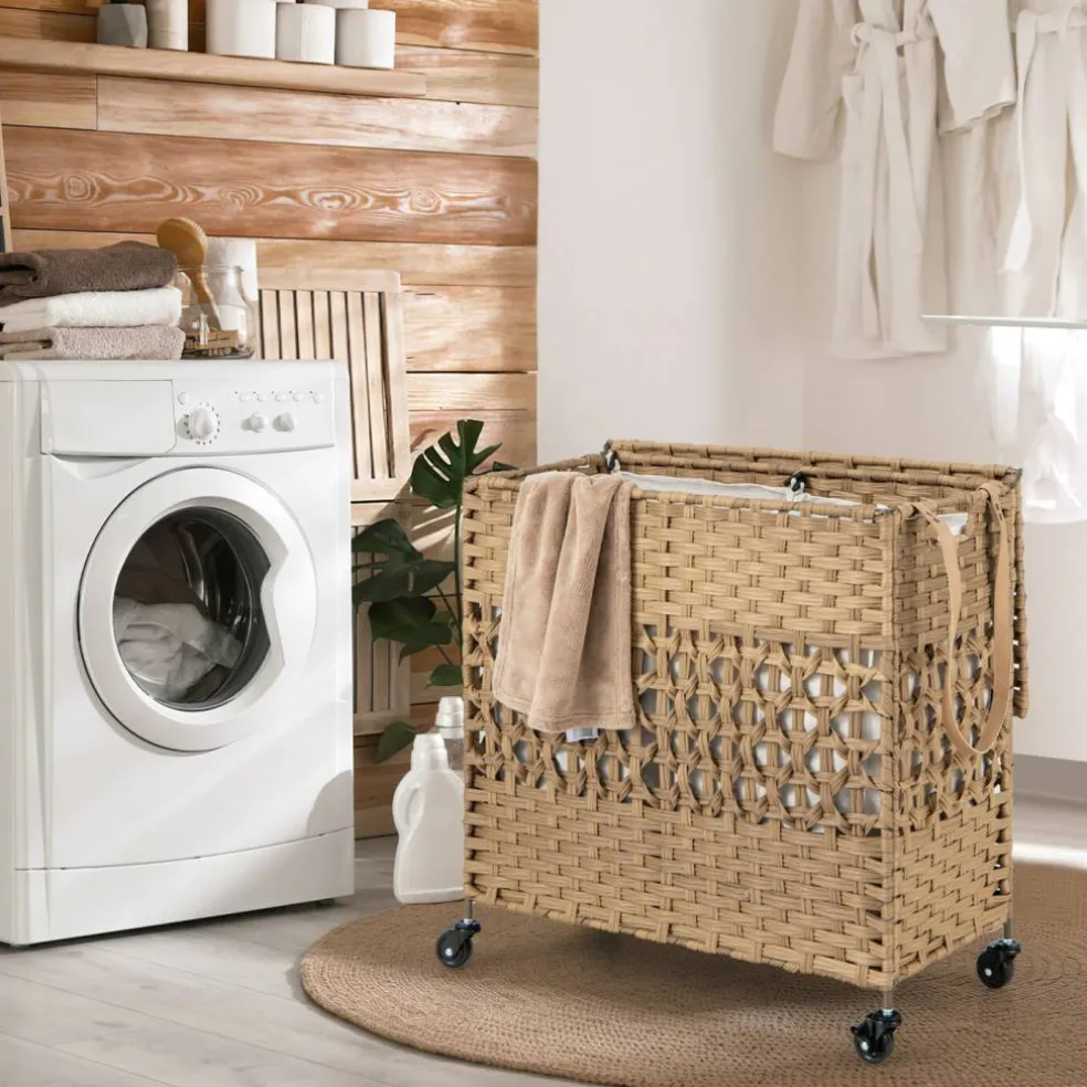 Large Laundry Hamper 110L Rolling Clothes Basket with 2 Compartments, Lid, Removable Liner Bags, Foldable Storage Organizer with Wheels