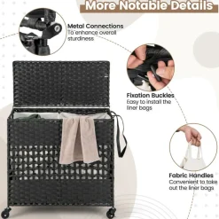 Large Laundry Hamper 110L Rolling Clothes Basket with 2 Compartments, Lid, Removable Liner Bags, Foldable Storage Organizer with Wheels