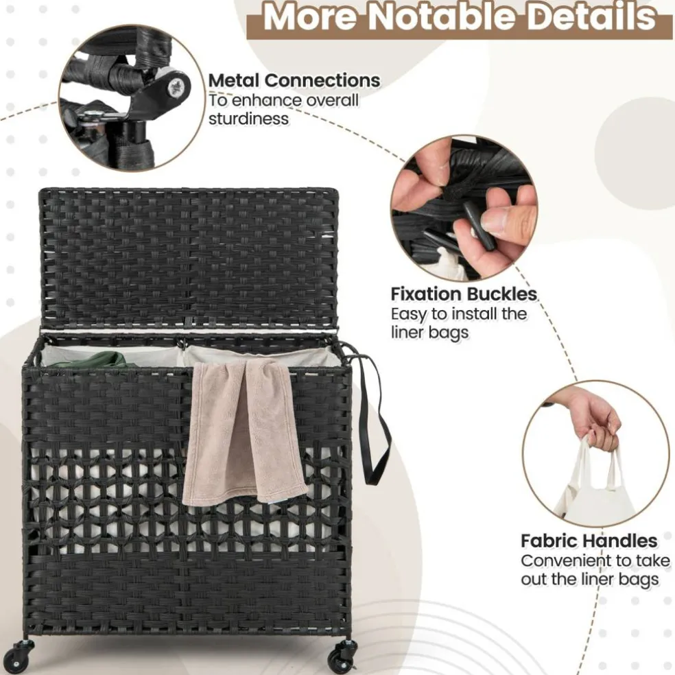 Large Laundry Hamper 110L Rolling Clothes Basket with 2 Compartments, Lid, Removable Liner Bags, Foldable Storage Organizer with Wheels