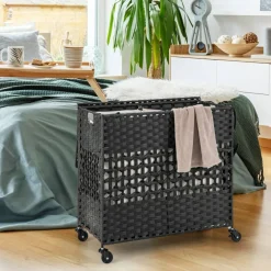Large Laundry Hamper 110L Rolling Clothes Basket with 2 Compartments, Lid, Removable Liner Bags, Foldable Storage Organizer with Wheels