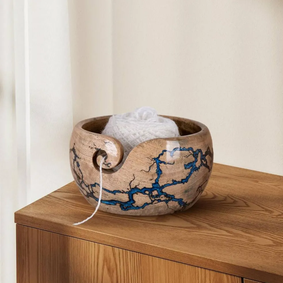 Large Wooden Yarn Bowl 7x4 Inches(Mango Blue)