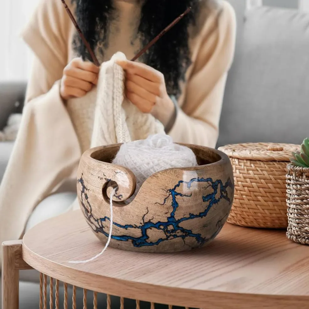 Large Wooden Yarn Bowl 7x4 Inches(Mango Blue)