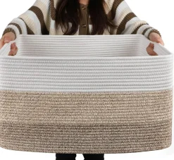 Large Woven Cotton Rope Storage Basket, 22”x17”x12” Rectangle Blanket Organizer with Handles for Living Room, Nursery, Toy, Clothes & Laundry Storage (Gradient Yellow)