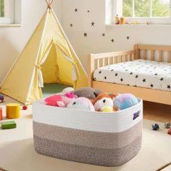 Large Woven Cotton Rope Storage Basket, 22”x17”x12” Rectangle Blanket Organizer with Handles for Living Room, Nursery, Toy, Clothes & Laundry Storage (Gradient Yellow)