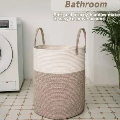 Large Woven Laundry Basket Hamper,60L Cotton Rope Storage Bin for Blankets,Toys and Clothes,Decorative Tall Nursery Hamper
