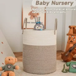 Large Woven Laundry Basket Hamper,60L Cotton Rope Storage Bin for Blankets,Toys and Clothes,Decorative Tall Nursery Hamper