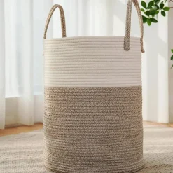 Large Woven Laundry Basket Hamper,60L Cotton Rope Storage Bin for Blankets,Toys and Clothes,Decorative Tall Nursery Hamper