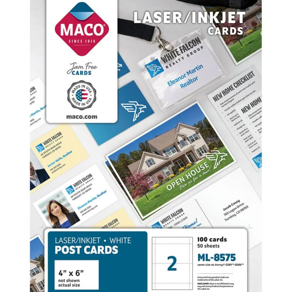 Laser/Ink Jet White Post Cards, 4" x 6", 2/Sheet, 100 Cards/Bx