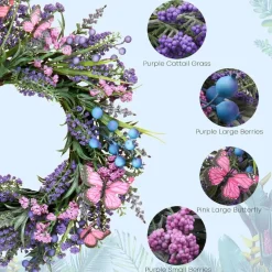 Lavender Wreaths for Front Door 18 Inch Summer Wreath with Lavender,Berries, Butterflies,for Year-Round Use Indoors and Outdoors