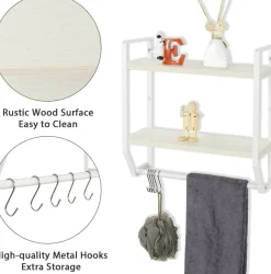 2-Layer Wall Mounted Rustic Shelves with Iron Towel Bar